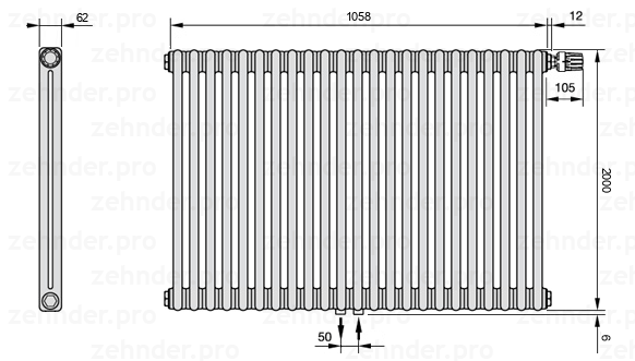 Схема (чертеж) Радиатор Zehnder Charleston 2200/23 №V008 Белый глянцевый RAL 9016